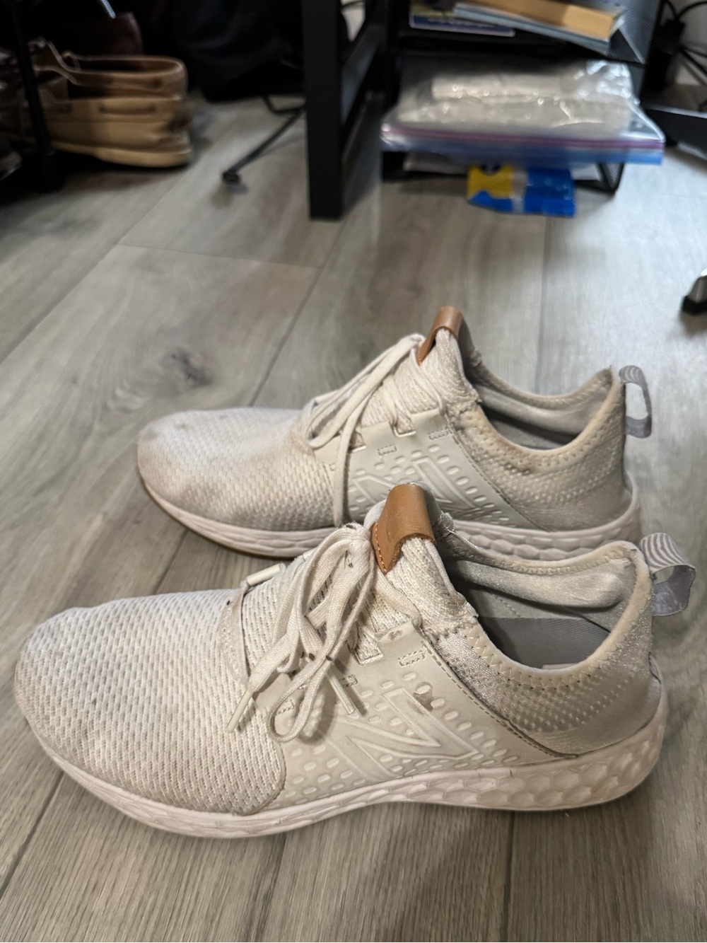 New balance Men's white Knit Lace-Up Sneakers with Tan Accent